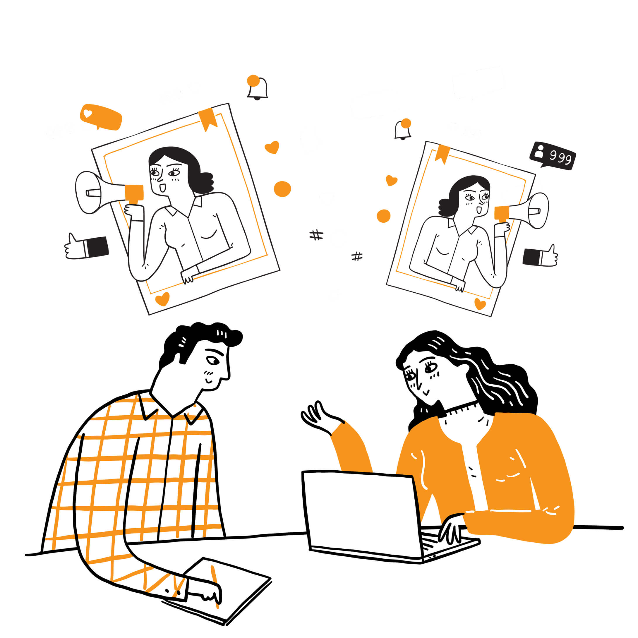 Ilustracja kobiety i mężczyzny rozmawiających przy laptopie, z ikonami promocji i mediów społecznościowych w tle, symbolizująca wspólny marketing i działania promocyjne.